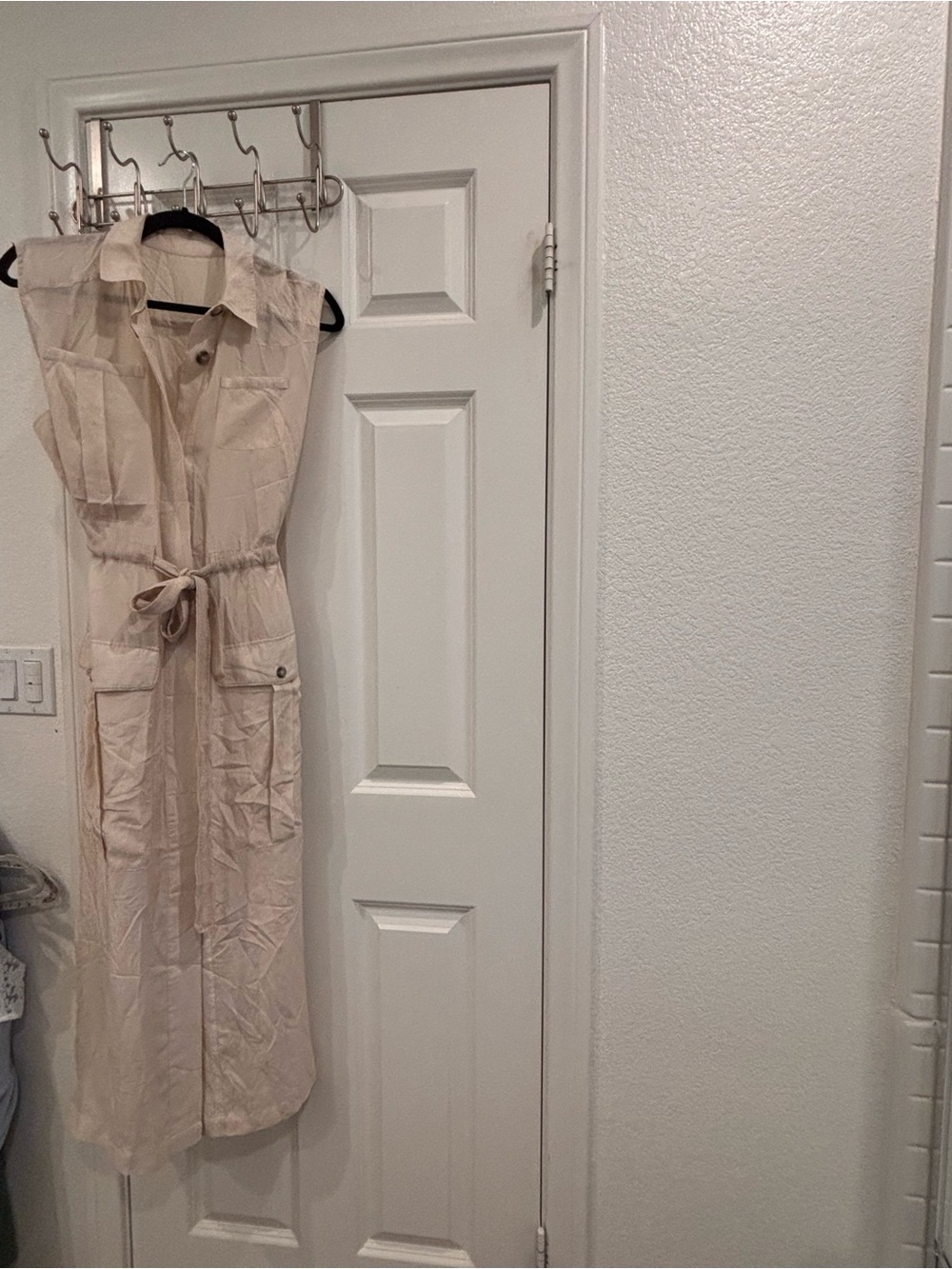 Burning Torch Sleeveless Beige Tie-Waist Midi Shirt Dress